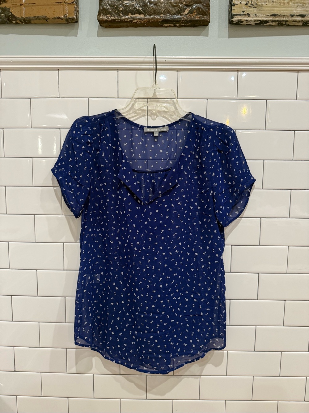 Daniel Rainn Royal Blue Short Sleeve V-Neck Blouse with White Micro Print